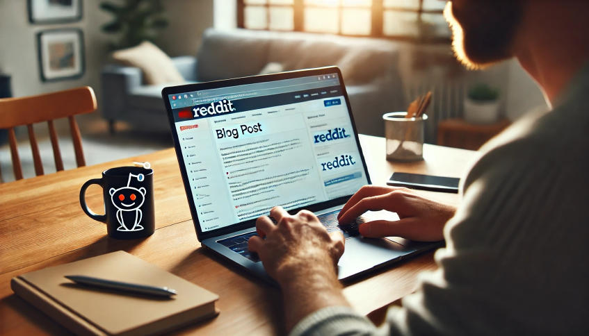 Person browsing Reddit on a laptop, blog post on screen.
