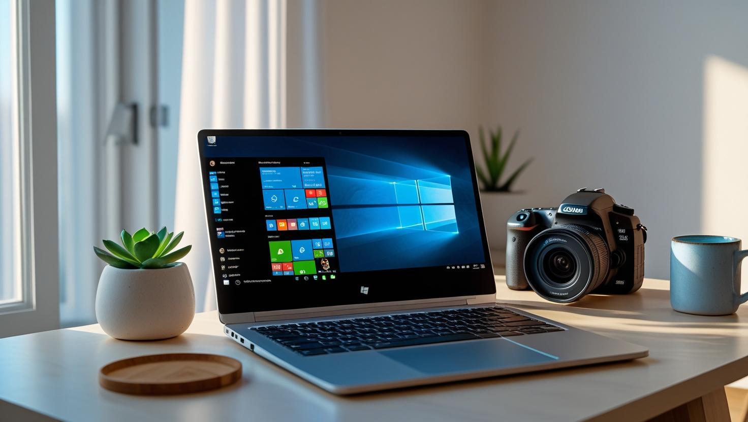 A modern blogger’s workspace with laptop, camera, coffee, plant, and sunlight.