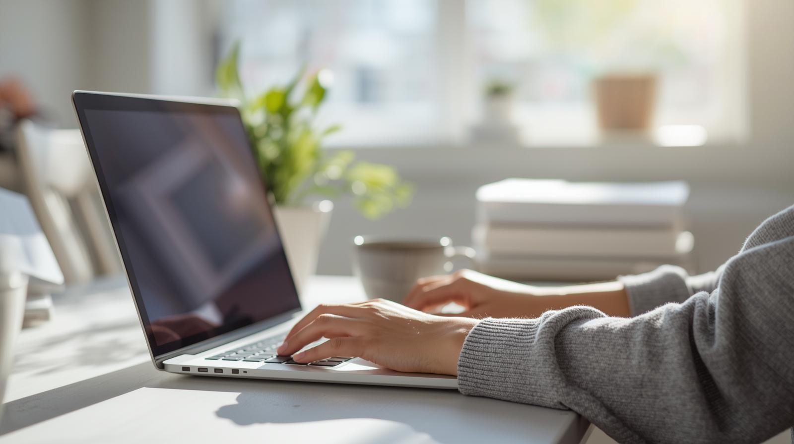 Young blogger working on laptop with coffee in bright daylight workspace.