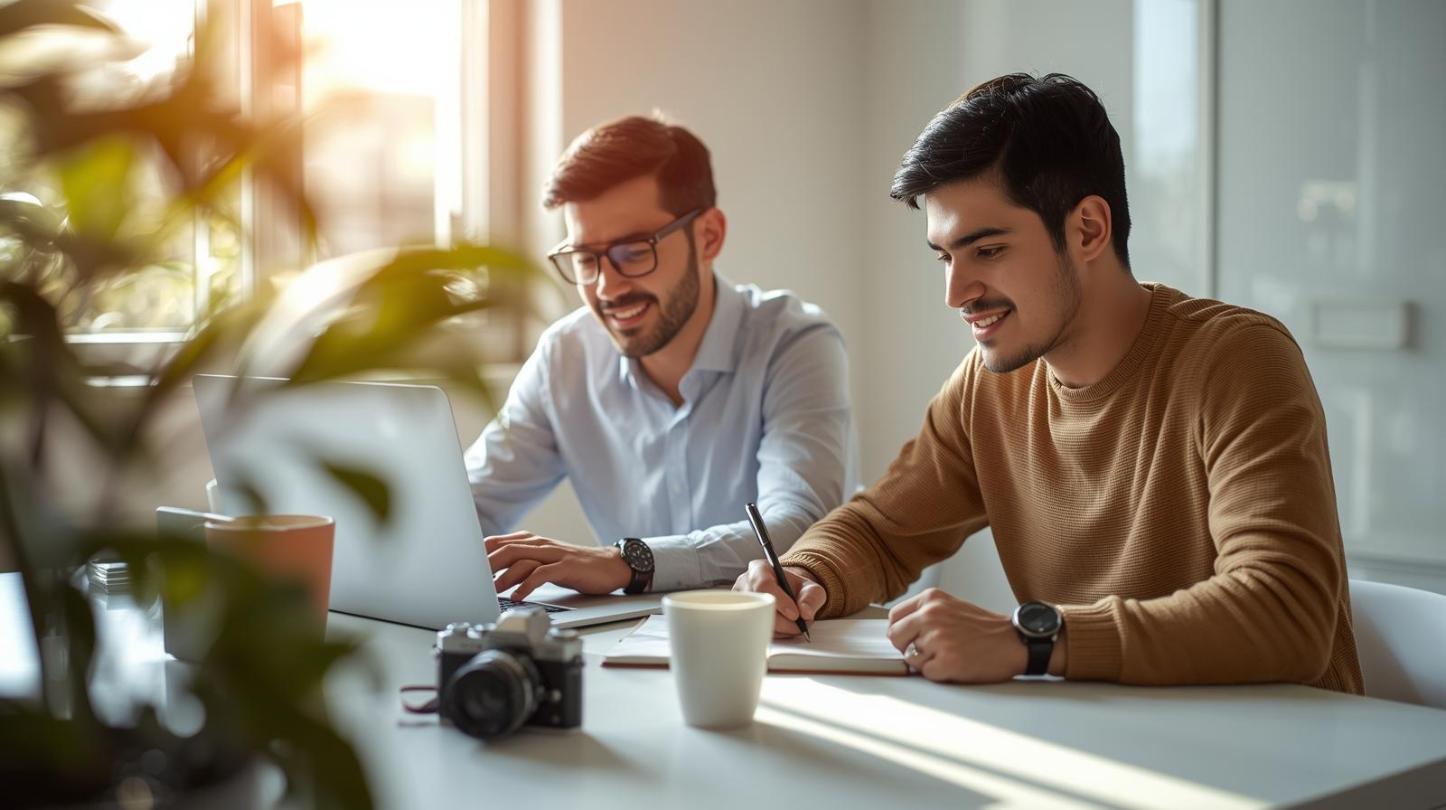 Two bloggers collaborate at a bright workspace reviewing visuals and notes with natural daylight.
