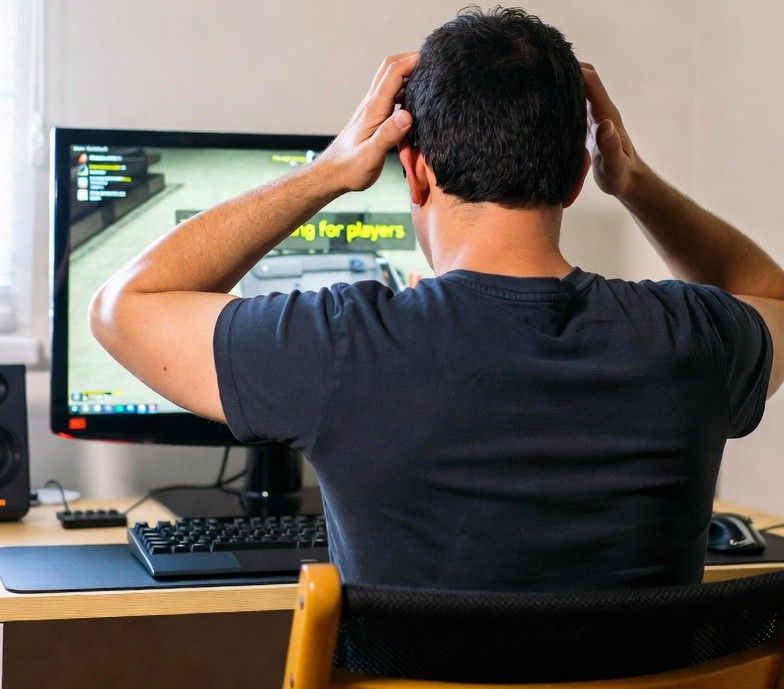frustrated gamer sitting at a desk with CS2 on screen
